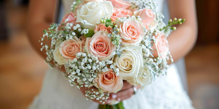 A bride is photographed holding a bouquet of soft pink and white roses. The delicate flowers contrast beautifully against her white dress, adding a touch of elegance to her wedding attire.の素材