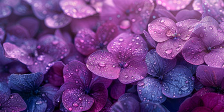 A macro shot captures the ethereal beauty of violet flower petals adorned with dewdrops, bathed in the soft glow of twilight, creating a dreamy, tranquil atmosphere.の素材