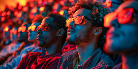 A diverse group of people, wearing glowing glasses, is captured in a moment of joy and amazement at a nighttime event, their faces bathed in vibrant, colorful lights.の素材