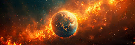 The image captures a planet partially engulfed in flames and lava, creating a dramatic fireball in the sky. The intense heat radiates outwards, illuminating the darkness of space with its fiery glow.の素材