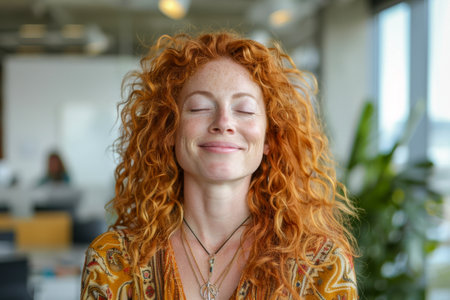 A candid portrait of a woman with curly red hair and freckles, her eyes closed in laughter, exuding happiness and carefree energy.の素材