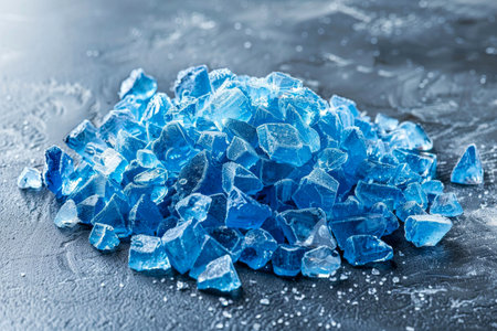 A mound of crushed ice exhibits striking blue tones, creating a cool and refreshing visual texture on a dark surface.の素材