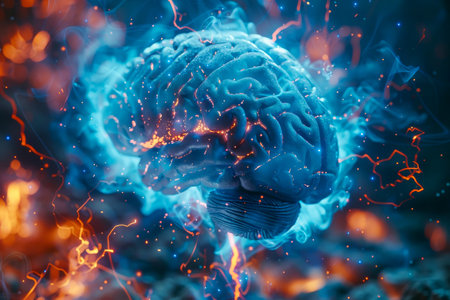 A vivid 3D illustration of a human brain surrounded by dynamic blue energy currents, symbolizing neural activity and cognitive processes.の素材