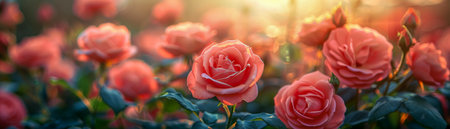 A bunch of pink roses is blooming in a sunlit greenhouse. The vibrant flowers are opening their petals and reaching towards the sunlight to grow and thrive.の素材