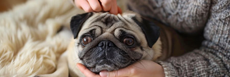A person gently cradling a small pug dog in their hands, showing care and affection towards the pet. The dog looks comfortable and content in the persons grasp.の素材