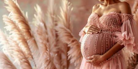 A serene pregnant woman in a flowing pastel dress stands amongst soft pampas grass, embodying grace and the natural glow of expectant motherhood.の素材
