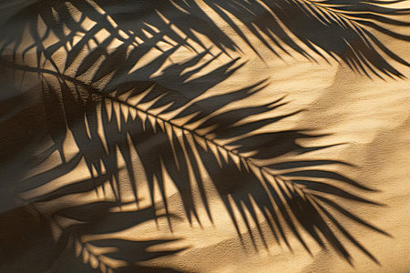 The shadow of palm leaves cast upon the smooth, golden sands, evoking the serene essence of a tropical beach.の素材