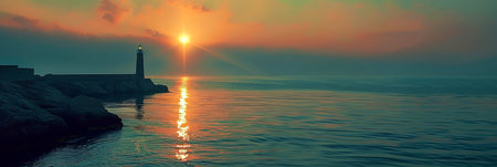 A lighthouse stands tall in the center of a vast body of water, guiding ships with its powerful beacon. The surrounding seascape is calm and peaceful, adding to the lighthouses importance in ensuring safe navigation.の素材