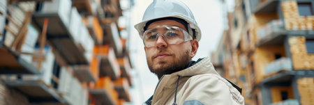 A serious male engineer wearing a white hard hat stands in front of a building. He appears focused and determined in his inspection of the construction site.の素材
