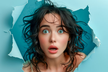A woman's face expresses shock and curiosity as she peers through a torn teal paper, capturing a moment of surprise and intense emotion.の素材