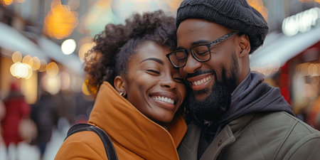 A joyful couple in winter attire share a warm embrace, their smiles radiating happiness against a backdrop of soft city lights.の素材