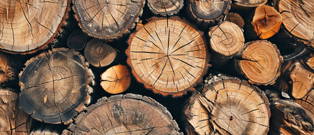 Stacked Wood Logs Showing Annual Rings. Close-up view of stacked wood logs, highlighting the intricate patterns of tree rings and textures.の素材
