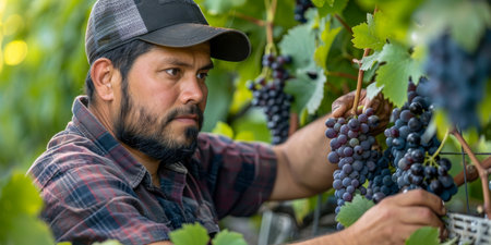A man is seen picking ripe grapes from the vine in a vineyard. The clusters of dark grapes are being carefully examined and harvested by the vintner.の素材
