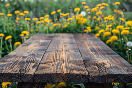 A textured wooden tabletop stands in sharp focus against a soft backdrop of blooming yellow dandelions, blending craftsmanship with nature.の素材