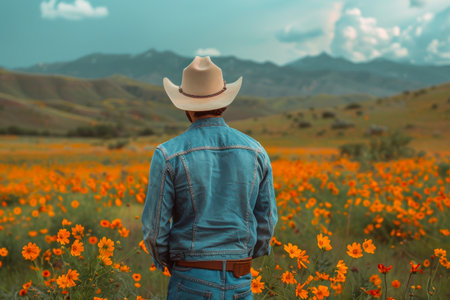Back view of a rugged cowboy in a denim jacket and cowboy hat, gazing over a field of orange wildflowers with mountains in the distance.の素材