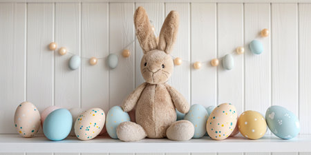 A photo featuring an adorable stuffed rabbit placed in front of a row of painted eggs. The rabbit is sitting still, surrounded by colorful Easter decorations.の素材