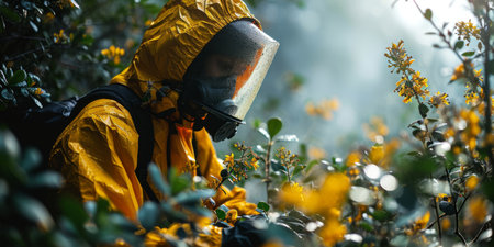 Protective Suit and Plant Spraying. Worker in a protective suit diligently tending to a garden at sunrise.の素材