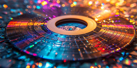 Compact discs, each disc reflects the interplay of light and shadow, showing the beauty and artistry of audio storage mediums.の素材