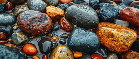 Close-up of multi-colored pebbles with fresh water droplets, highlighting their varied textures and colors.の素材