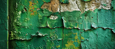 Close-up image of cracked and peeling green paint revealing the textured concrete surface beneath.の素材