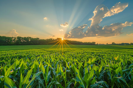 The suns radiant beams pierce through clouds over a vibrant green cornfield, heralding the break of dawn.の素材