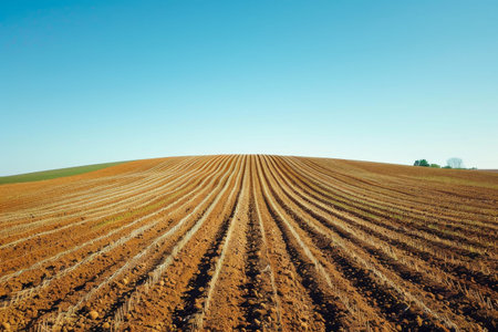 Vast soybean field extending to the horizon with neat rows under a clear blue sky, symbolizing agriculture and growth.の素材