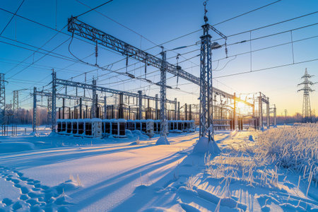 High voltage power lines silhouette against a vivid sunset, showing the intersection of nature and technology.の素材