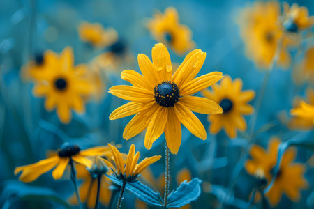 Vibrant yellow wildflowers stand out in a meadow against a moody twilight sky, evoking a sense of serene beauty.の素材