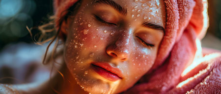 Against a backdrop of serene white towels, the young woman basks in the tranquility of the spa, her glowing complexion reflecting the benefits of expert care.の素材