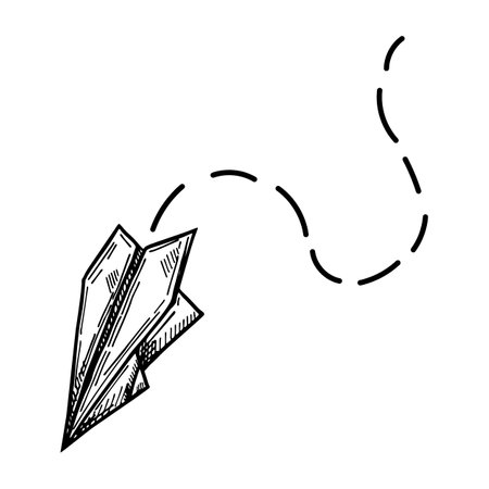 Line art illustration of a paper airplane in mid-flight, its path indicated by dashed lines, symbolizing creativity and the joy of simplicity.のイラスト素材