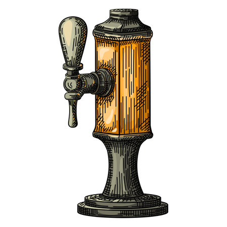Hand drawn beer dispensing equipment. Alcoholic crane used in bar pub for filling cold frothy drink, cider or lemonade from keg in retro style. Engraved vector illustration.のイラスト素材
