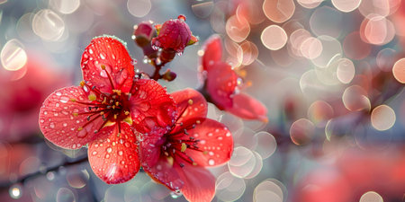 A radiant red hibiscus, kissed by morning dewdrops, shines amidst a glistening bokeh background, conveying a fresh tropical allure.の素材