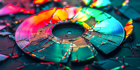 A close-up of a broken CD reflecting a spectrum of vivid rainbow colors across its shattered surface.の素材