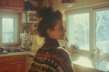 Serene Winter Morning: Woman Enjoying Cozy Kitchen Sunshine.の素材