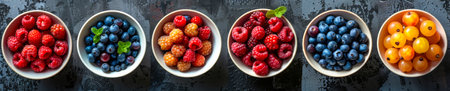 Vibrant Assortment of Berries and Cherry Tomatoes in Bowls on Dark Surface.の素材