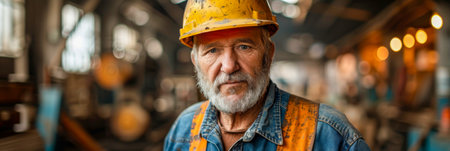 A close-up shot of a rugged construction worker wearing a hard hat in a factory setting. The man is focused on his work, surrounded by industrial equipment and machinery.の素材
