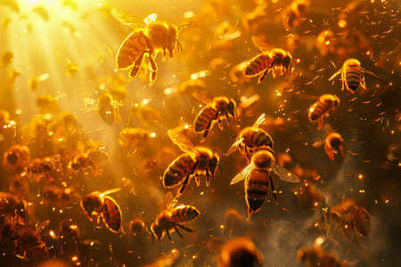 Swarm of Honeybees in Golden Light - Wild and Energetic.の素材