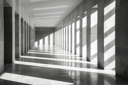 Sunlight streams through a modern corridor, creating a rhythmic pattern of light and shadow across the sleek marble floor and columns.の素材