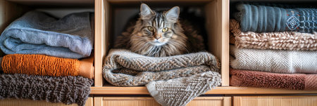 Cozy Home Scene with Tabby Cat Nestled Among Warm Knitted Sweaters.の素材