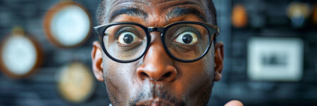 Surprised African American Man with Oversized Glasses on Abstract Background.の素材