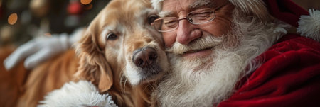 A man dressed as Santa Claus is seen hugging a dog in this heartwarming holiday scene. The man and the dog look happy and festive as they embrace each other.の素材
