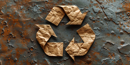 Rustic Recycle Sign Made from Crumpled Paper on Textured Surfaceの素材