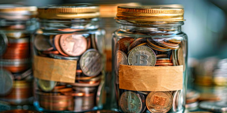 Savings Concept with Coins in Jars and Cryptocurrency Symbolsの素材