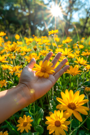 Sunlit Yellow Wildflowers Held in Hand with Natural Backdropの素材
