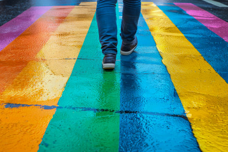 Urban Rainbow: Vibrant Painted Crosswalk Under Rainy Skies.の素材