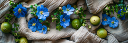 Blue Anemone Blossoms and Limes on Textured Linen Backdrop.の素材
