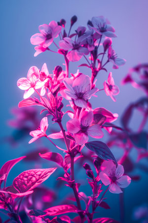 Radiant Bloom Spectrum: Pink Flowers Basking in Neon Light.の素材