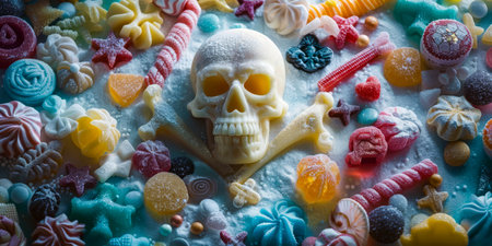 Confectionery Contrast: Sugar Skull Amidst a Sea of Sweet Treats.の素材