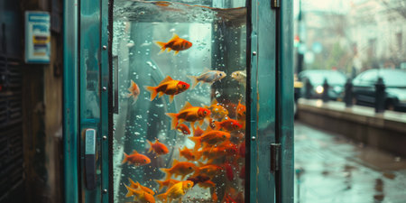 Goldfish Swimming in a Transparent Phone Booth Aquarium.の素材