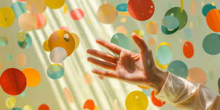 Playful Confetti: Colorful Circles Soaring in Sunlit Whimsy.の素材